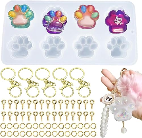 Anlan-angel Molde de silicona de resina de pata, molde de resina de pata de perro y gato, moldes de fundición epoxi con llavero, tornillo, pasadores