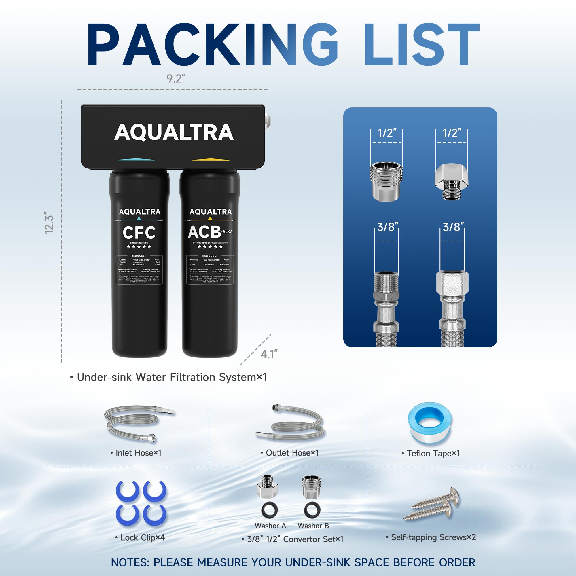 AQUALTRA USF-2F-10 Système sous évier alcalin avec robinet, 75700L, réduit PFOA, PFOS, chlore, plomb, mercure, chloramine, fluorure, microplastiques, mauvais goût & odeur