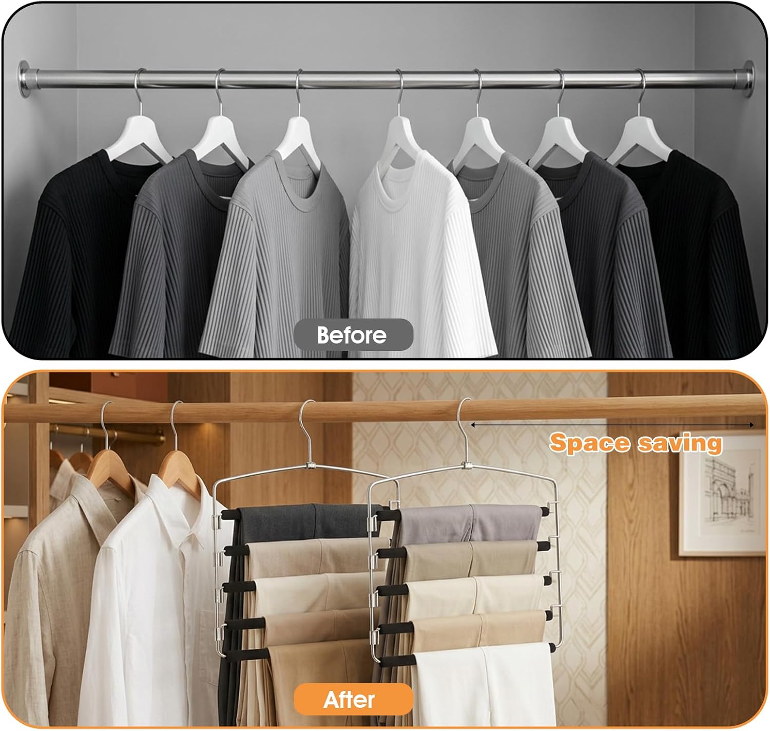 3 Pack Space Saving Pants Hangers, 5 Layer Multiple Pants Hanger with Anti-Slip Foam, Swivel Hook Closet Organizer for Jeans, Trousers, Scarves, Towels
