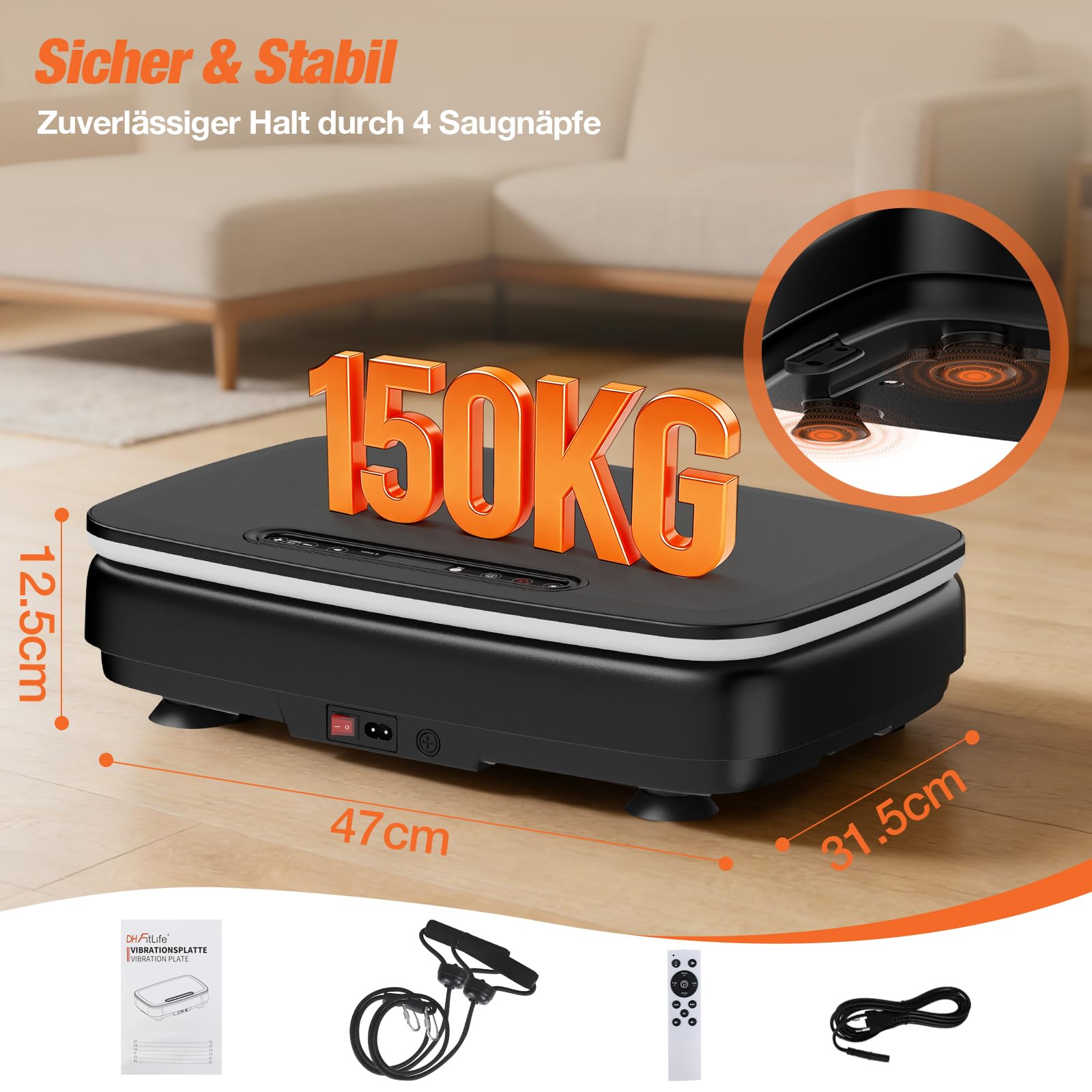 DH FitLife Vibrationsplatte für Zuhause | Rüttelplatte 0–99 Stufen mit Timer | 9 Auto-Programme | leise Schwingplatte mit Saugnäpfen | Stimmungslicht & Bluetooth Sprecher | inkl. Zugbänder | 150kg