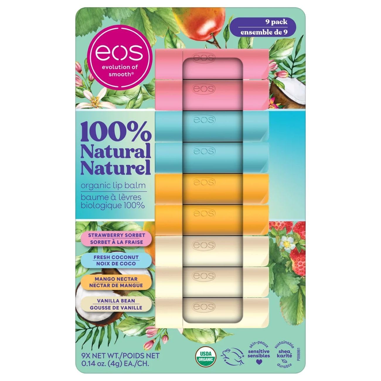 Eos Natural and Organic Shea Lip Balm Stick, 9-pack, 2 strawberry sorbet, 2 fresh coconut, 2 mango nectar, and 3 vanilla bean.