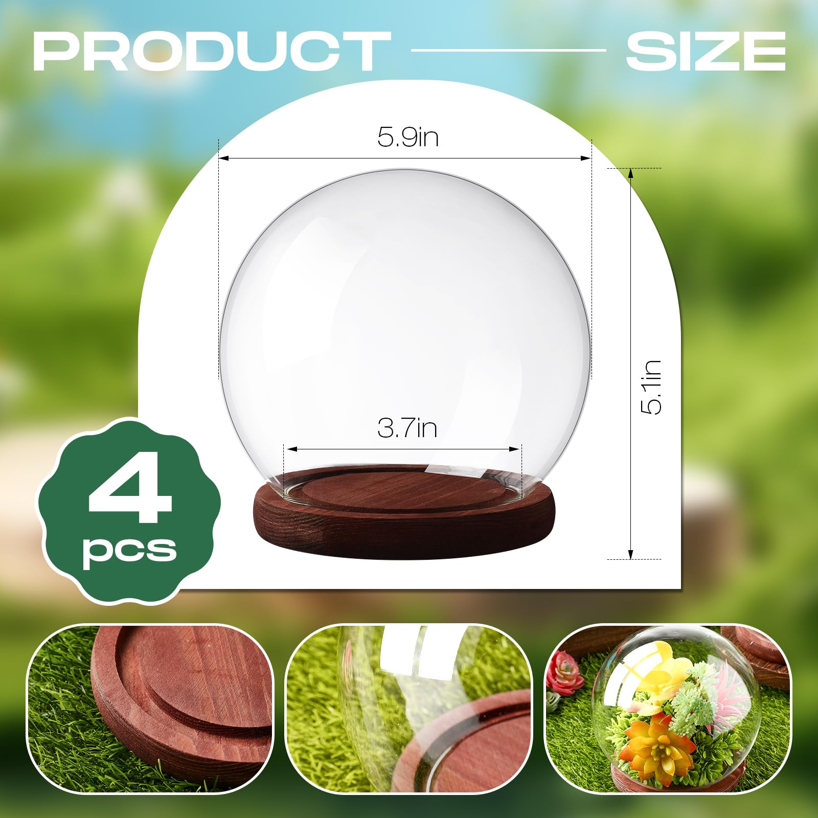 Tuanse 4 Pieces Glass Dome Display Showcase Glass Globe And Display Dome with Wood Base DIY Craft Keepsake Globe Display Case Gifts for Women Wedding Tabletop Centerpiece Decoration(Brown)
