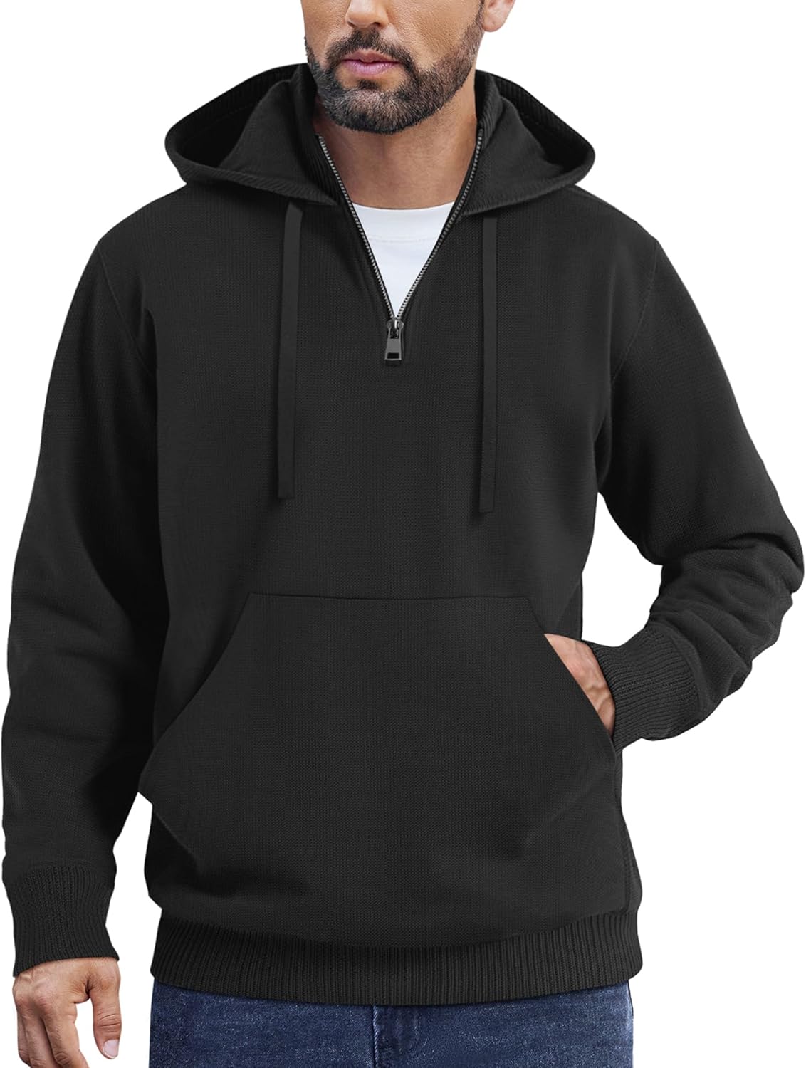 COOFANDY Mens Knitted Hoodie Sweater Long Sleeve Turtleneck Quarter Zip Pullover Sweaters with Pocket