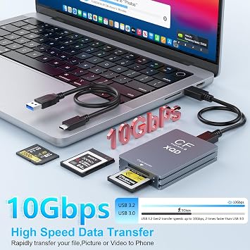 CFexpress Type B/XQD/SD Card Reader Aluminium Dual Slot USB 3.2 (Gen 2) 10Gbps CF Express Card Adapter with USBC to USBC-A/C Cable CFexpress Type B Card Reader for Windows/Mac/Android/Linux