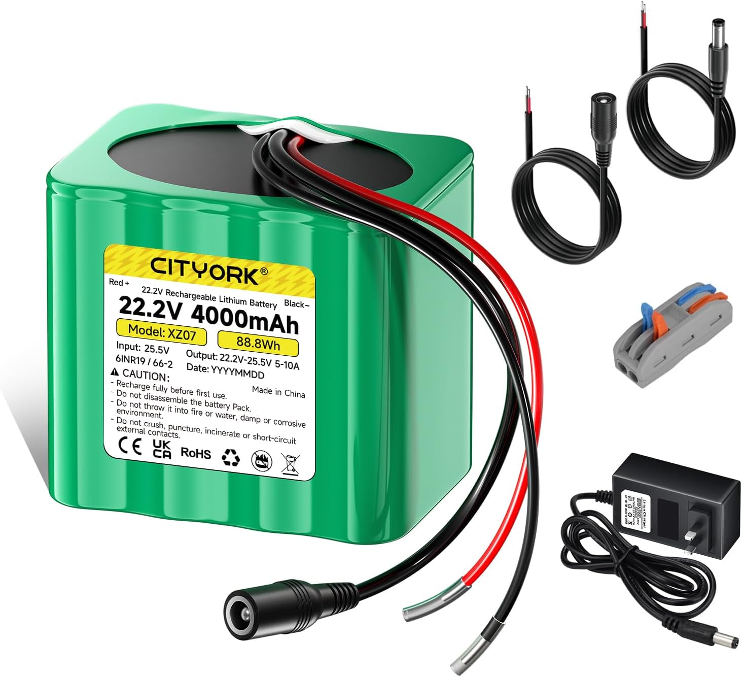 CITYORK 24V Lithium Battery 4000mAh with Charger, Bare Leads, Cable Connector for 24V Devices, DIY Projects, Speaker Box, Radio Equipment, CCTV Cemera, LED Light Strip, etc (22.2V-25.5V)