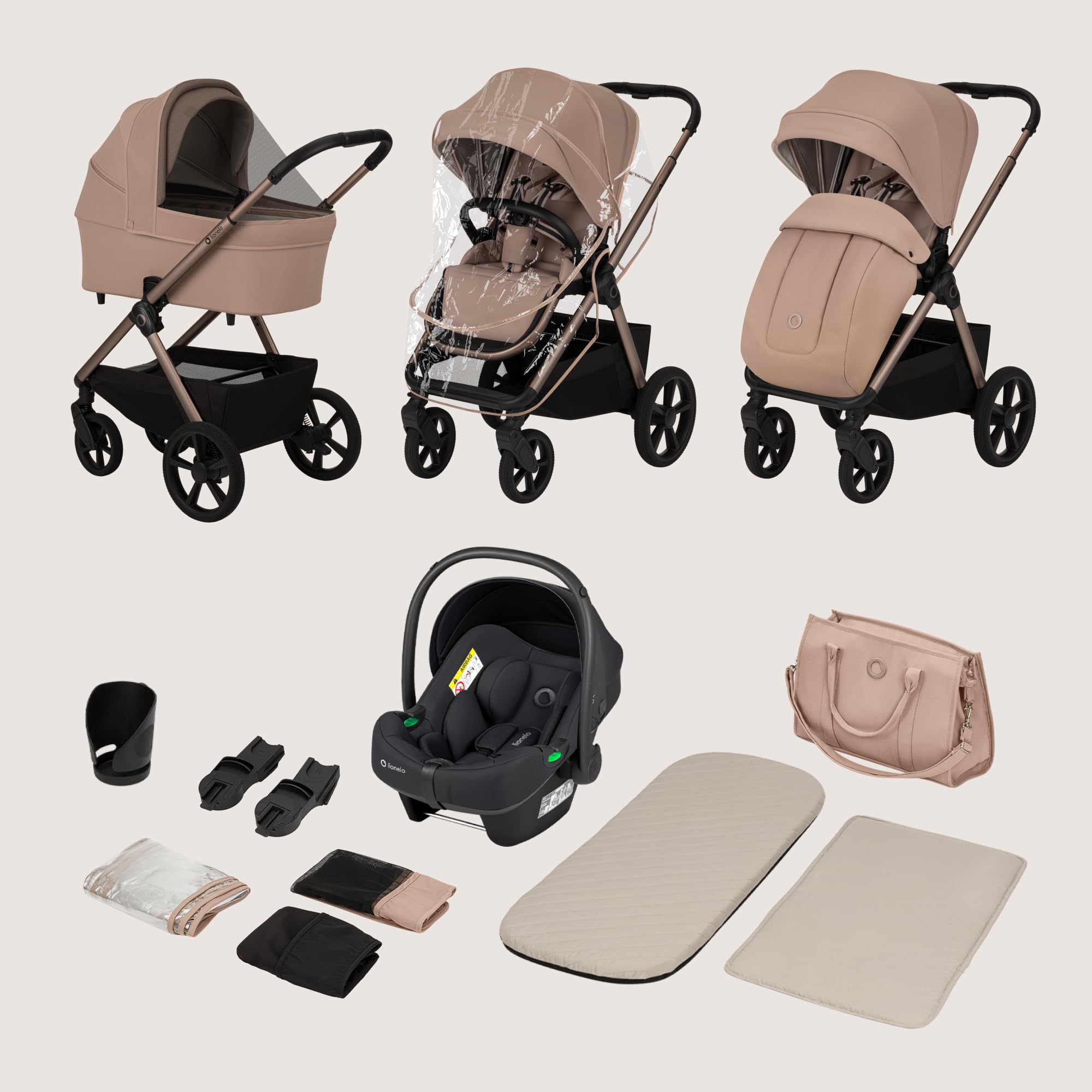 LIONELO Carmine 3 in 1 Kinderwagen Reisesysteme Set ADAC-Babyschale Babywanne Buggy GravelTech Räder Federung UPF50+