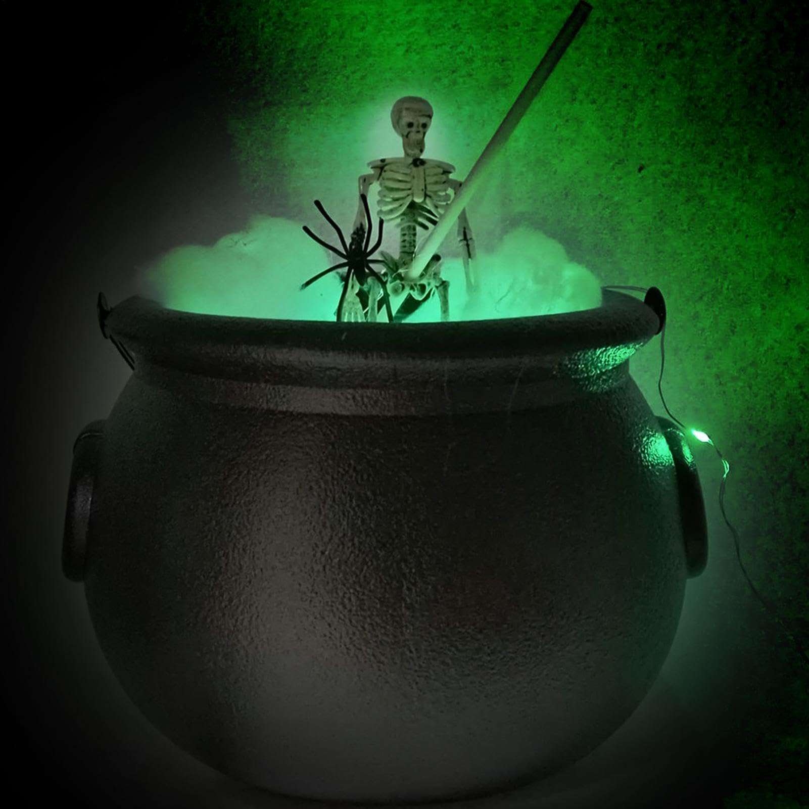 Caldero Halloween interior con esqueleto y luces decorativas para hogar