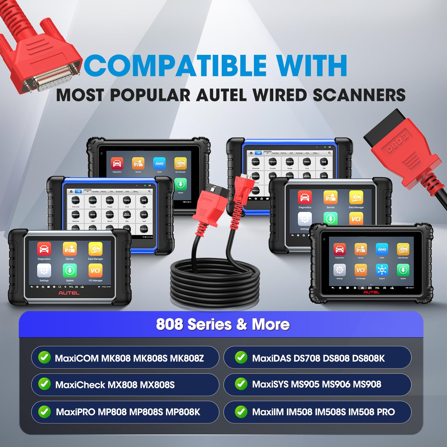 Autel Original OBD2 Main Test Cable for 808 Series Scanners, 5.6FT/ 1.7M 16 Pin DB15 OBDII Diagnostic Adapter, fit MK808 MK808S MK808Z MX808 MX808S DS708 DS808 MS906 MS908 MP808 MP808S IM508S IM508