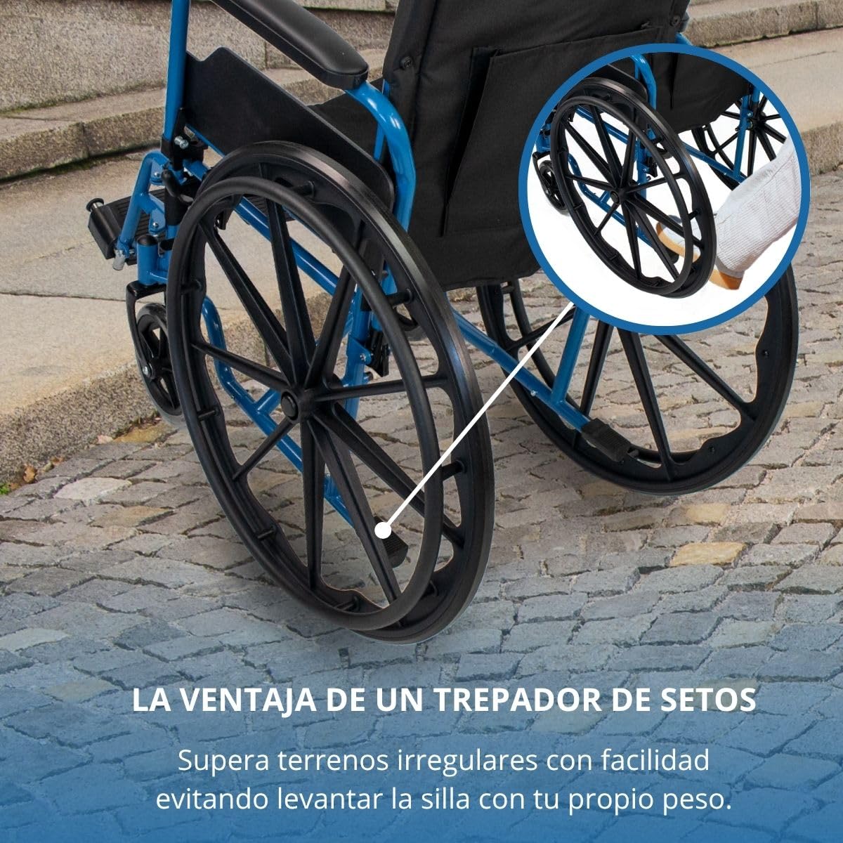 Mobiclinic®, Silla de ruedas plegable, Autopropulsable, Extracción rápida pulsando un botón, Asiento 46 cm, Reposapiés y reposabrazos abatibles, Palanca freno, Resistente, Azul, Marsella