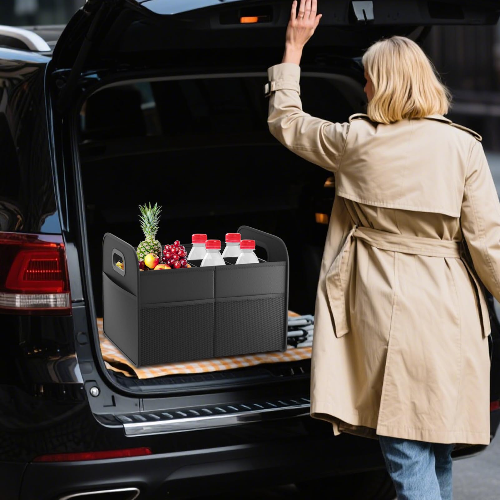 Organizador de Almacenamiento para Maletero Organizador Plegable para Carga | Contenedor Impermeable Antideslizante de 30L con Asas para Snacks, Camping, Vajilla, Verduras y Frutas