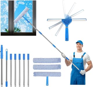2 in 1 Fensterwischer Fensterabzieher mit Langem Griff Teleskopstiel 300cm | Profi Fensterreiniger Fensterputzer Set mit Drehbarem Kop und Ersatzpads für Hohe Fenster im Outdoor und Zuhause