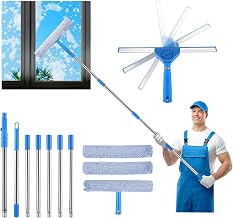 2 in 1 Window Cleaner Squeegee with 300cm Telescopic Handle, Glass Cleaning Tools with Silicone Squeegee and Replacement Microfibre Cloth for Indoor and Outdoor Windows