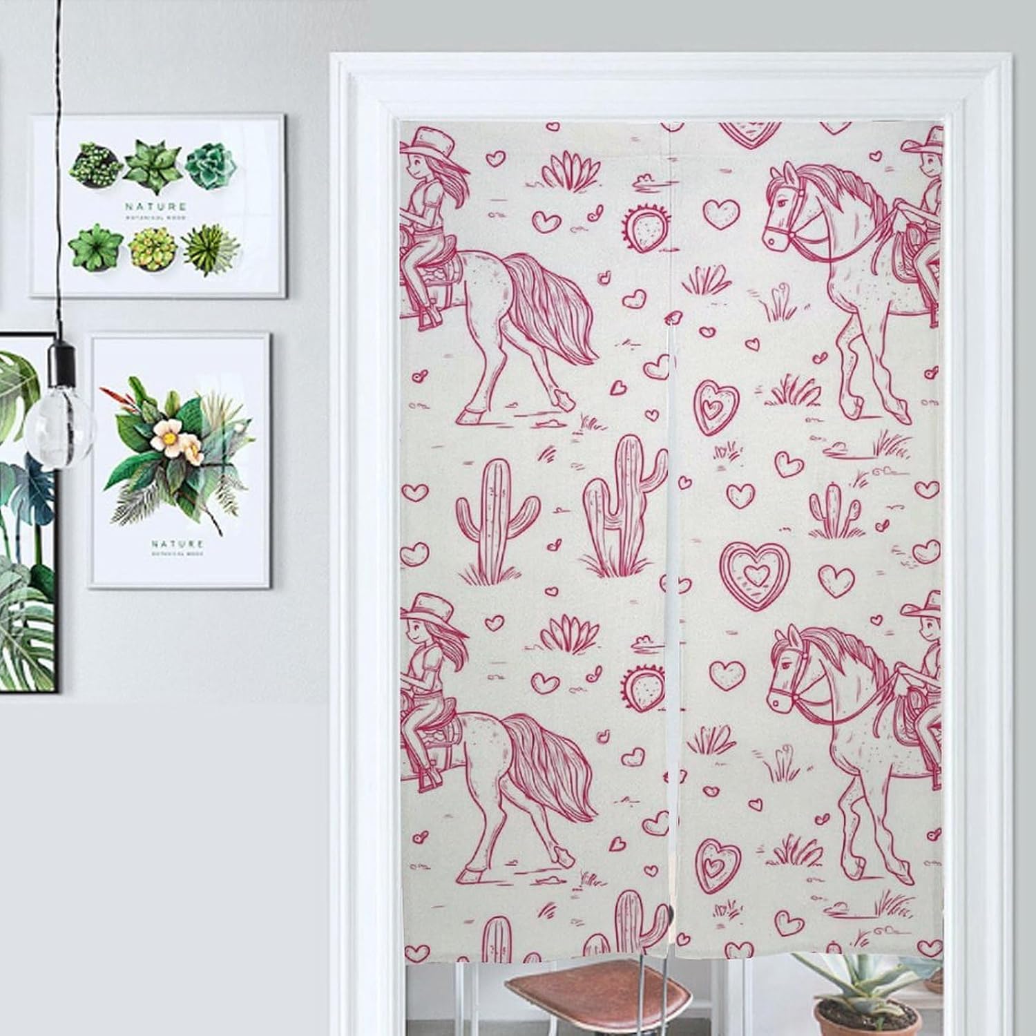 Girls on Horse Back and Cactus Noren Doorway Split Shower Curtain Long Type Window Treatment for Privacy Partition Divider
