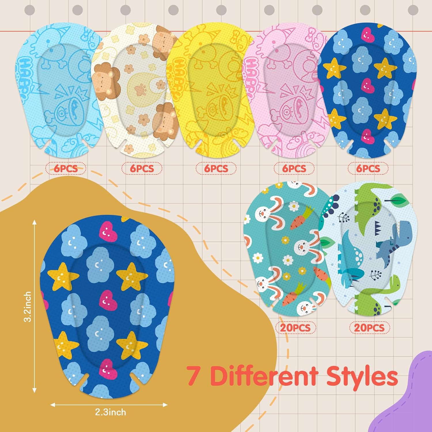 Adhesive Eye Patches for Kids 70pcs 7 Styles Light Blocking Cute Design Breathable Adhesive Bandages for Toddlers