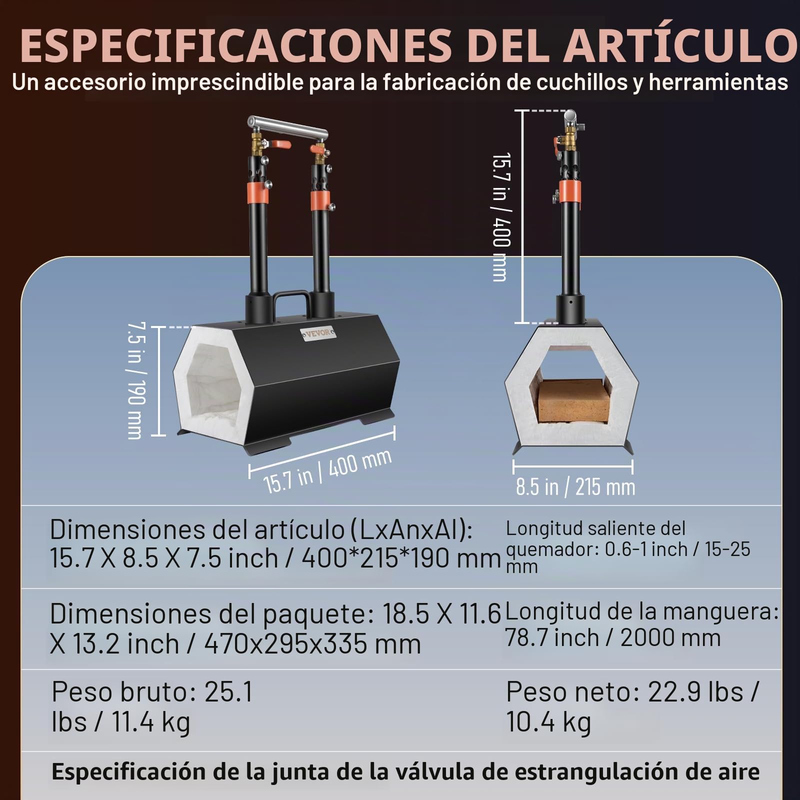 VEVOR Horno de Forja de Gas Propano Con 2 Quemadores - Fusión Max 1427 ℃ - Eficiente y Económico Para Fabricación de Cuchillos y Metales - Ideal Para Herreros