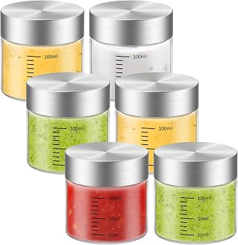 CWHHRN 4 Oz Glass Bottles, 6 Pack Glass Jar with Lid, Borosilicate Glass, Stainless Steel Lids for Juicing, Smoothies, Water Bottles, Food Storage, Shaker Bottles