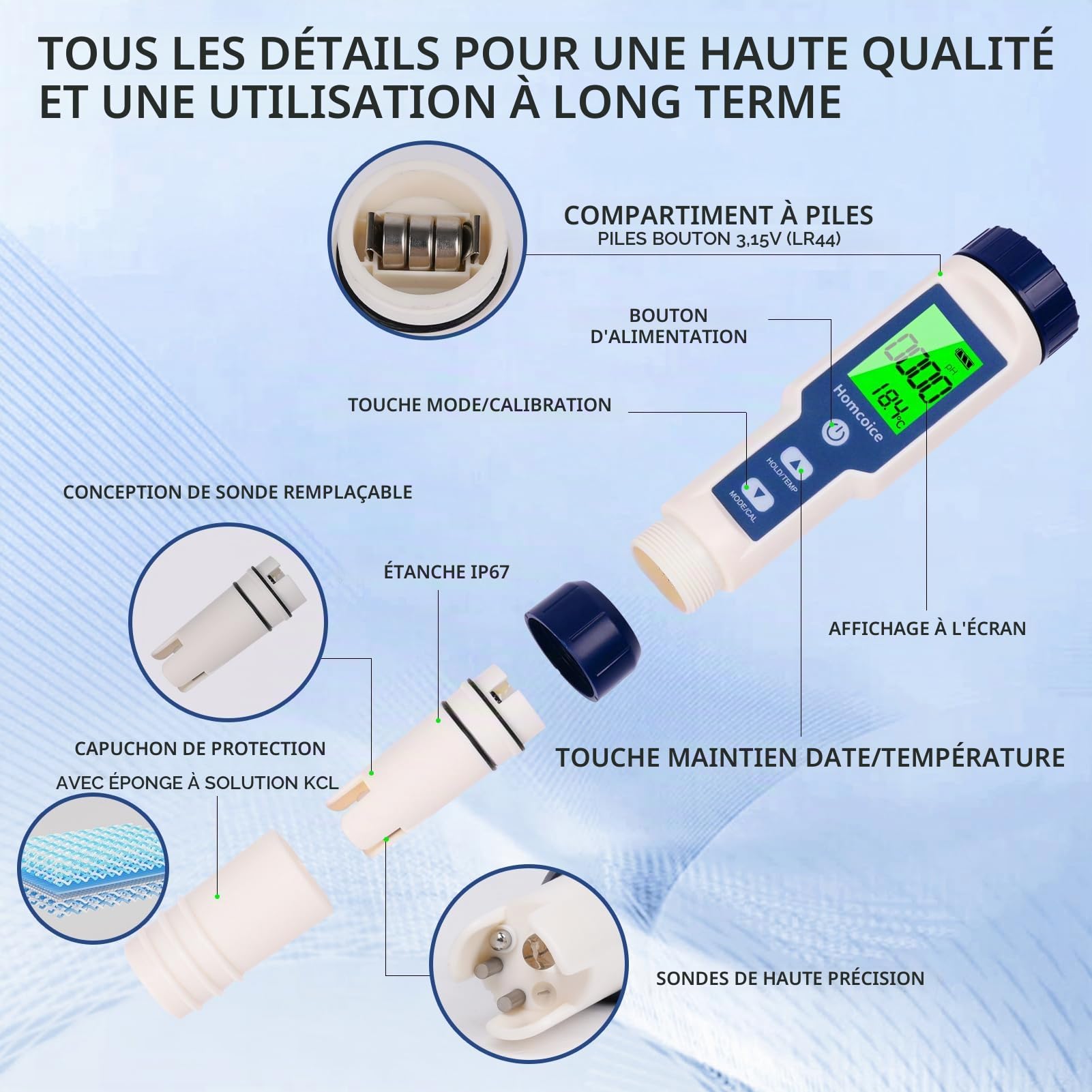 PH Mètre électronique 7 en 1 avec TDS EC Salinité S.G ORP Température, professionnel pH Mètre Piscine IP67 imperméable, 0.01 haute précision Testeur Analyse Eau de Spa avec fonction ATC