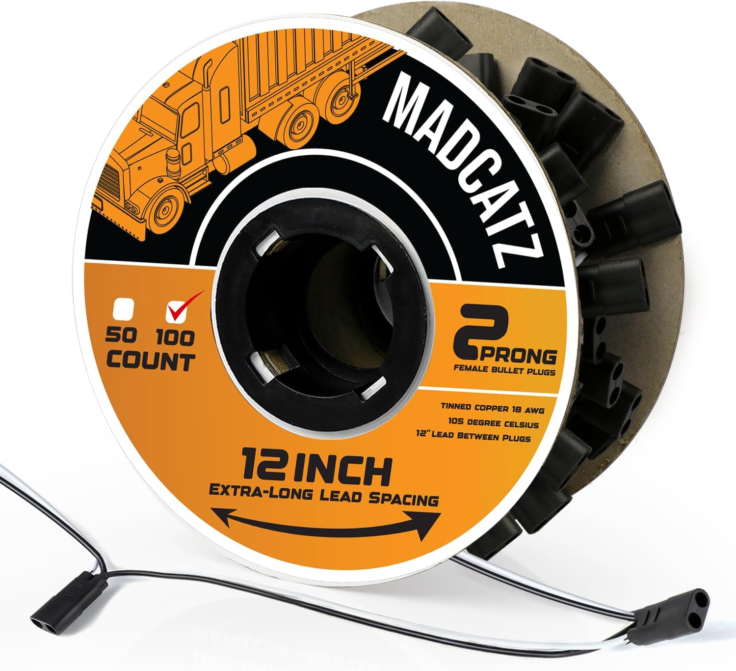 MADCATZ 100 Pack 2-Prong Double Female Bullet Plug 12” Spacing Harness Roll – 18 AWG with More Spacing with 12-Inch Leads Between Plugs, Fits Truck Trailer Clearance Lights