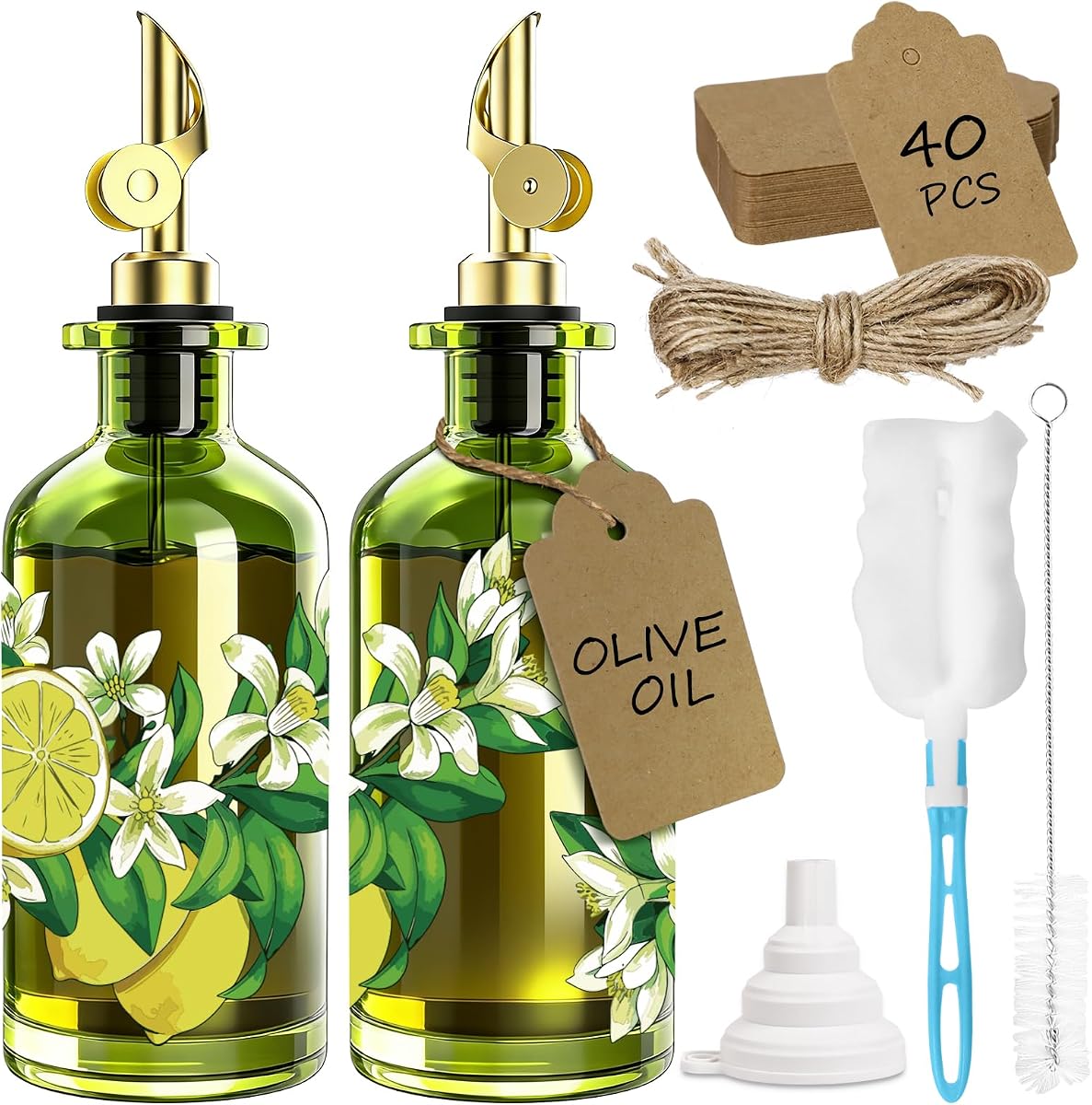 Botella dispensadora de aceite de oliva para cocina, vinagrera de vidrio extragruesa de 12 oz/350 ml con vertedor de acero inoxidable, embudo y cepillo de limpieza, juego dispensador de aceite premium (limón)