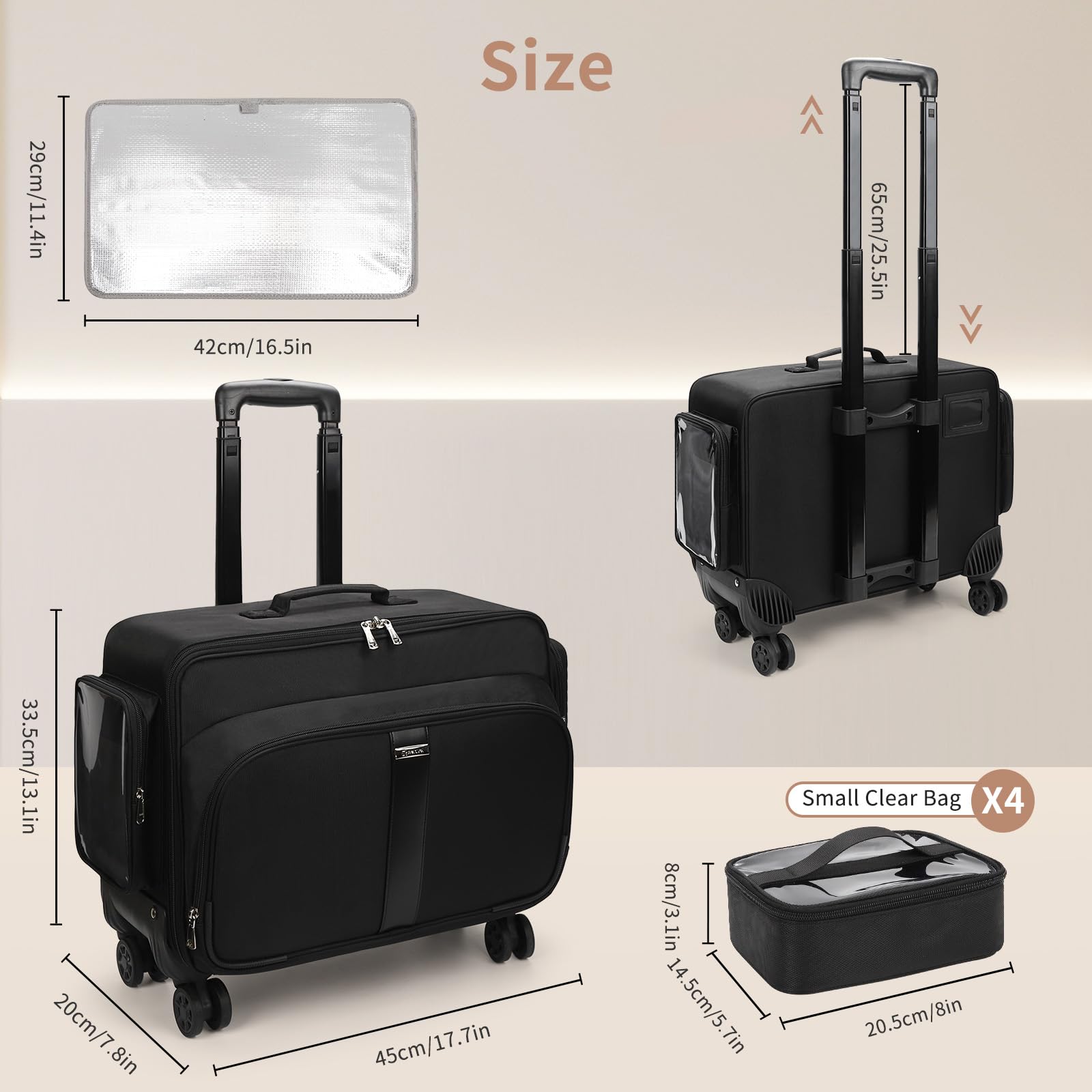 Grande valigetta cosmetica trolley, professionale beauty case con 4 piccole borse cosmetiche, valigetta da viaggio per cosmetici, organizer portatile da parrucchiere, Nero , Viaggio