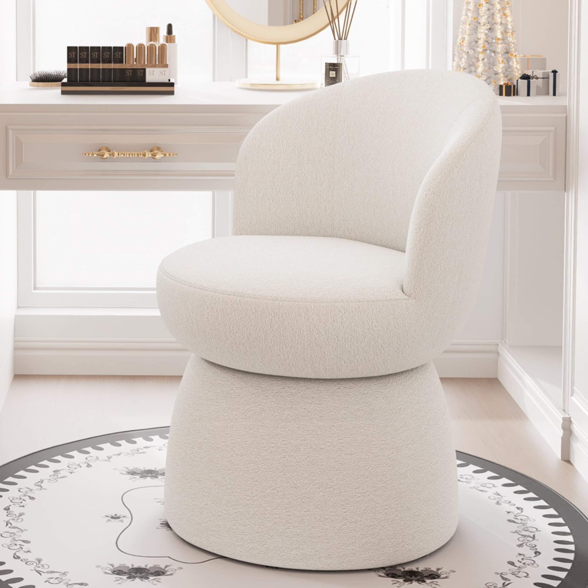 Rowill 360 Degree Swivel Vanity Chair, Barrel Textured Accent Chair with Boucle Fabric, Modern Beige Accent Chairs, for Living Room, Dressing Room,