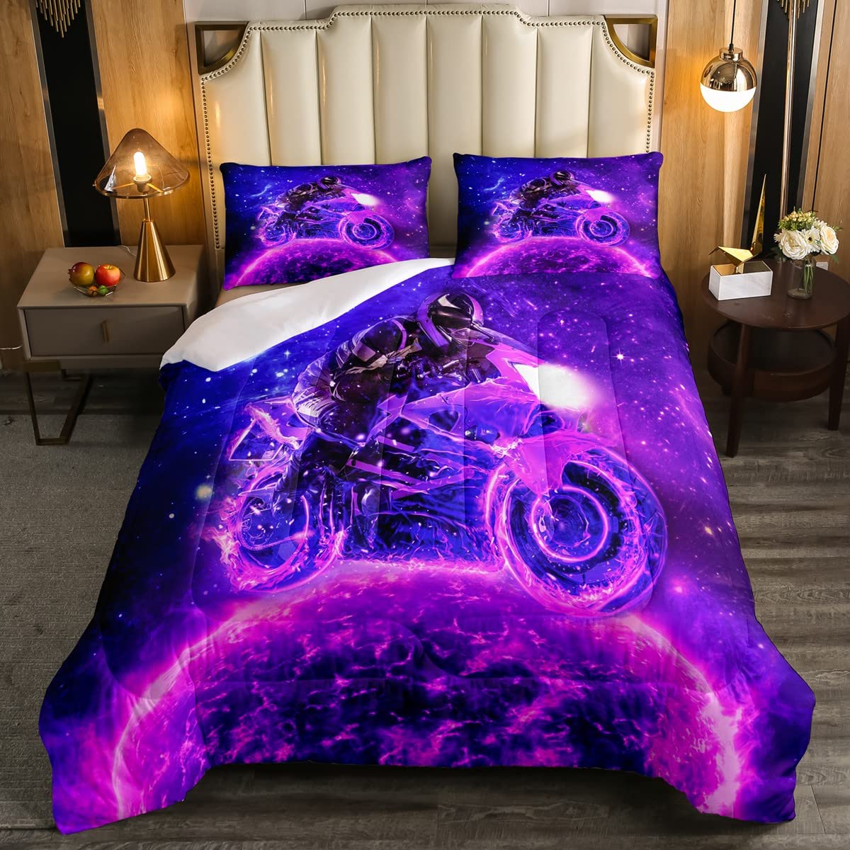 Dirt Bike Bedding Set Extreme Sports for Kids Boys Girls Purple Galaxy Universe Planet Breathable Motocross Rider Duvet Insert Double Size