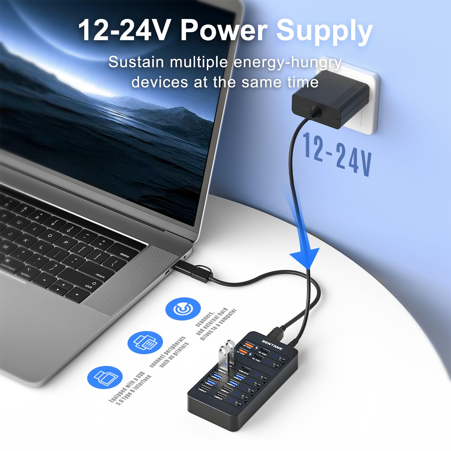 Concentrador USB 3.0 de 14 puertos (6 puertos USB 3.0 de datos + 4 puertos de carga rápida) con interruptor de encendido/apagado LED independiente, con adaptador de corriente de 60 W para