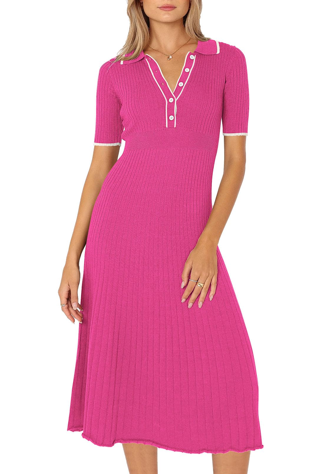 Pink Queen Women's Polo V Neck Short Sleeve Elegant High Waisted Bodycon Ribbed Swing Knit Midi Dresses
