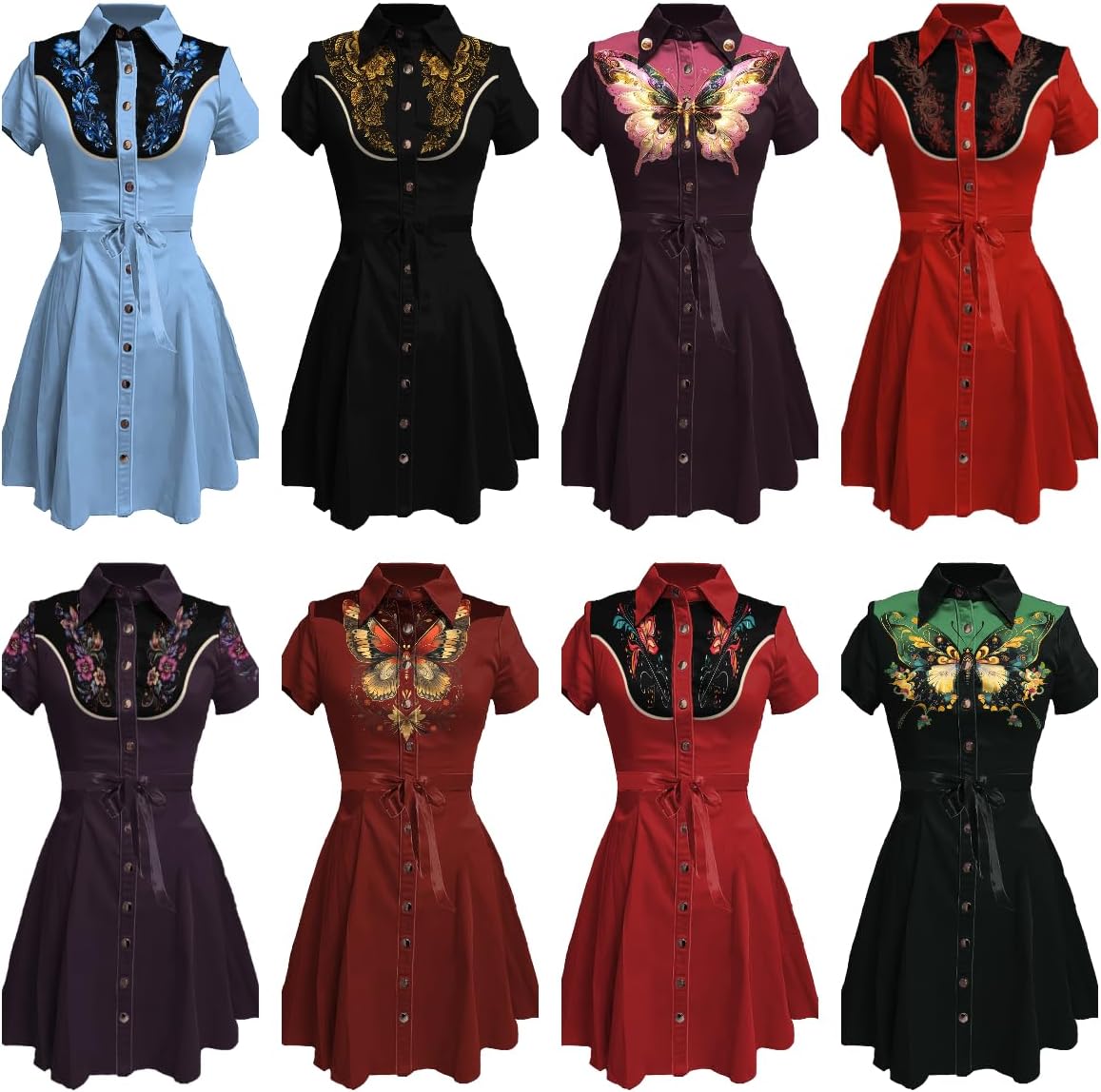 Western Cowgirl Button Down Shirt Dress 1950S Vintage Short Sleeve Slim Fit Sexy Mini Casual Retro Aline Dress - Image 3