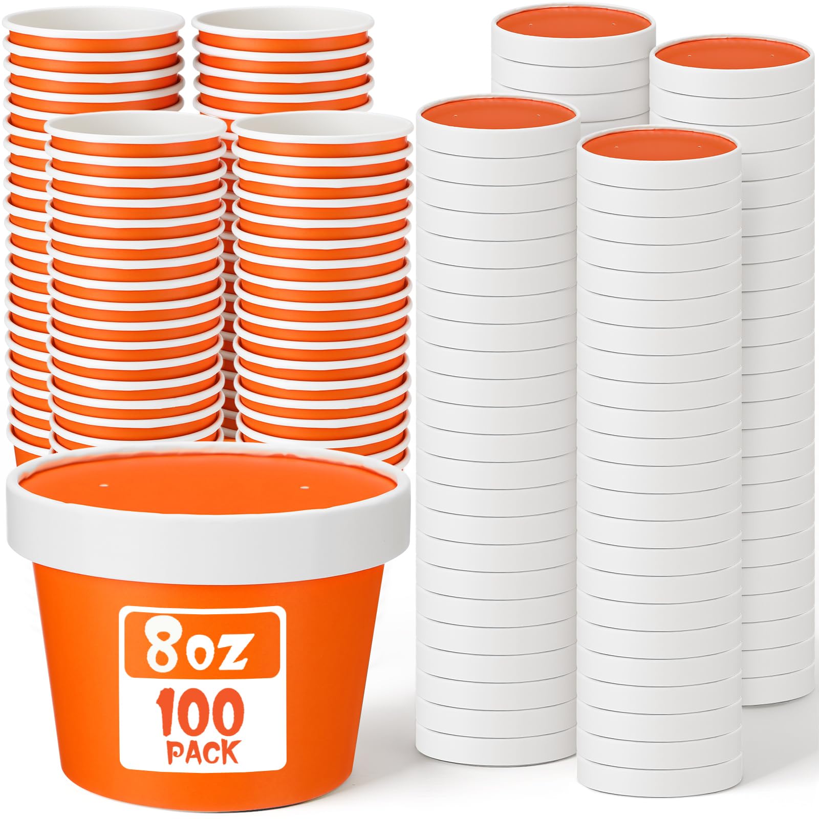 Fulmoon 8 oz 100 Pack Paper Containers with Lids Soup Bowl Cup, Orange