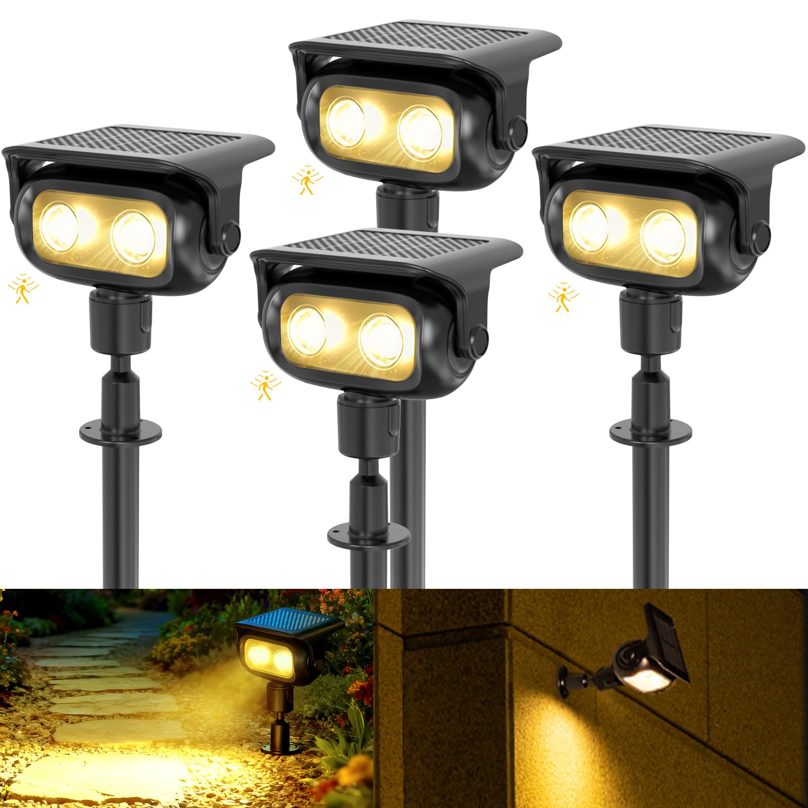 CREATESTAR 4 Pezzi Faretti Solari da Giardino con Sensore di Movimento, 4 Modalità ＆ 2 Installazione, Bianca Calda, IP65 Impermeabile Luci solari da Giardino per Cortile, Patio, Vialetto, Alberi
