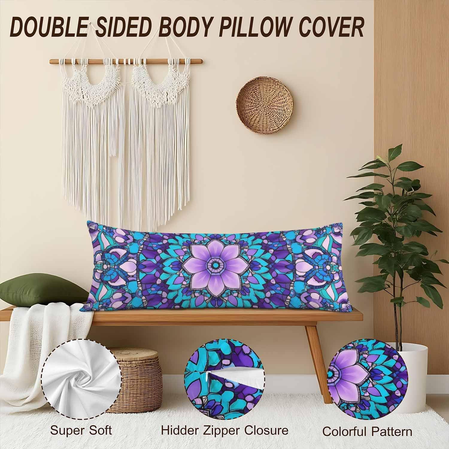 Couch Pillows Decorative Body Pillow Cover Abstract Mandala Rectangle Body Pillowcase for Men Women, Mandala Purple Body Pillow Covers 20" X 54" Cushion Cases for Sofa Bed