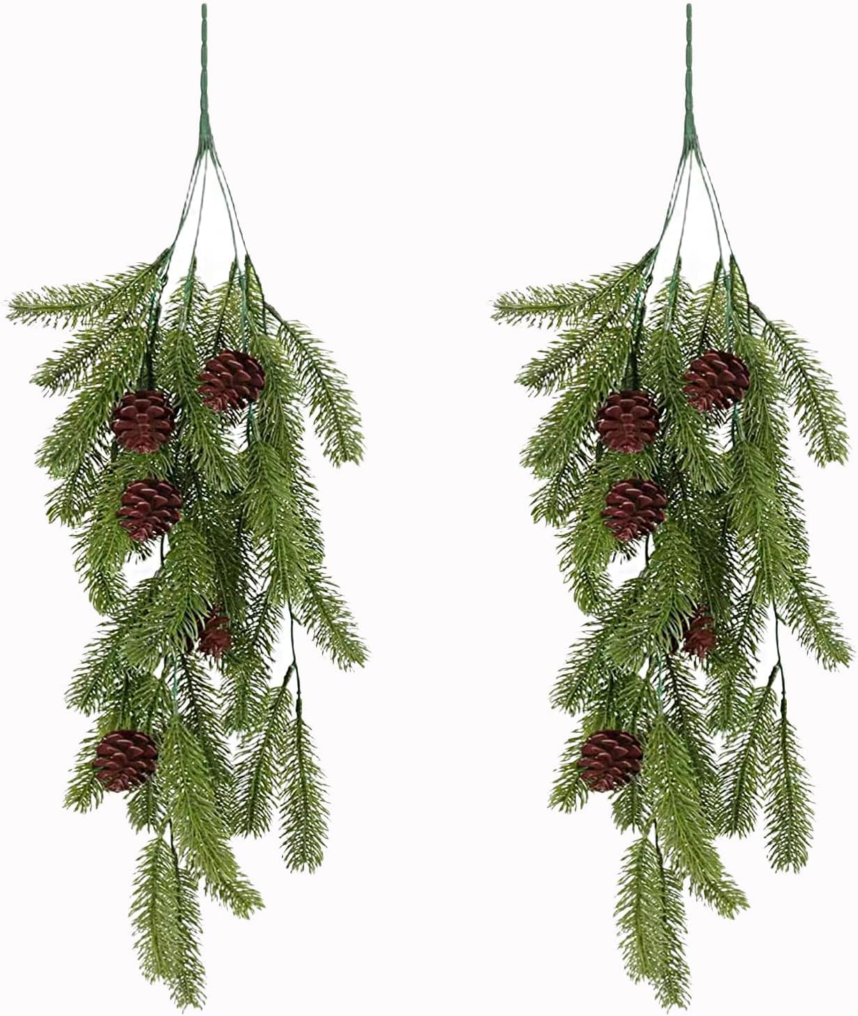 Mectix2Pcs Christmas Teardrop Swag, Large 31.5inch Winter Pine Needles Swag with Pine Cones, Artificial Christmas Greenery Teardrop Wreath for Xmas Table and Door Decoration