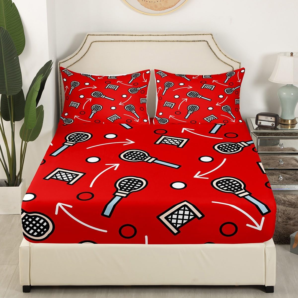 Erosebridal Lacrosse Bed Sheets Full Size Ball Game Fitted Sheet for Young Cartoon Geometric Circle Bedroom Decor Sports Sheets Navy Blue Goal Arrow Bed Set