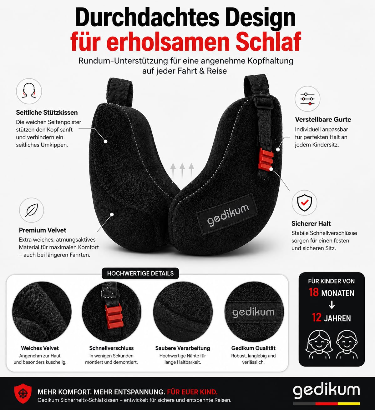 Gedikum® Sicherheits-Schlafkissen für Kinder – Reisekissen & Nackenkissen für Kindersitz, Auto & Flugzeug – Kopfstützkissen für Kinder von 18 Monaten bis 12 Jahren – Basic Velvet Schwarz