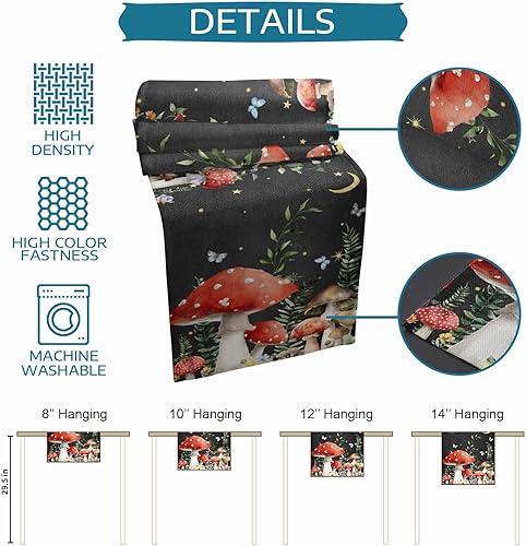 Miniatura 7 de Camino de mesa de lino y algodón con hongos de granja, luna nocturna y estrellas, bufanda negra de 13 x 60 pulgadas, lavable para cocina, comedor,