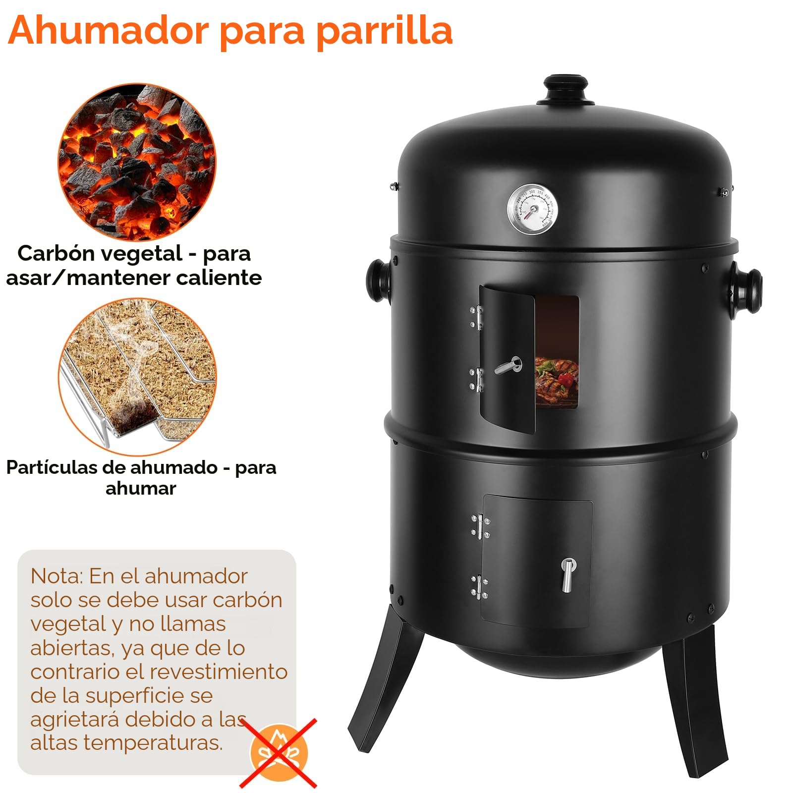 TLGREEN Ahumador 3 en 1, Smoker Barbacoa, Barril de Ahumado, Ø44,5 x 80 cm, Incluye Salida de Aire Regulable y Termómetro, Cuenco de Agua, 2 Rejillas de Barbacoa, para Ahumar, Asar y Cocinar