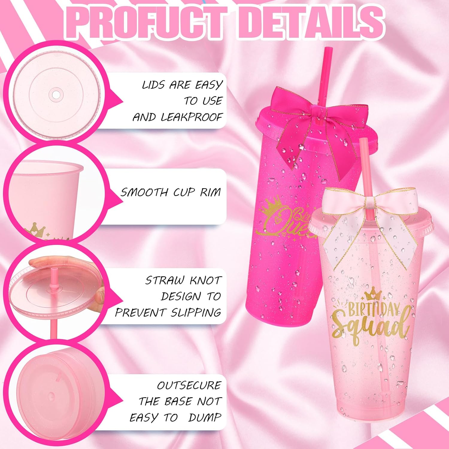 8 Set Birthday Party Glitter Tumblers 24 oz Birthday Squad Birthday Queen Plastic Tumblers with Lid Straw and Twist Bow for Birthday Decorations Party Favor for Women (Rose Red,Pink) - Image 3