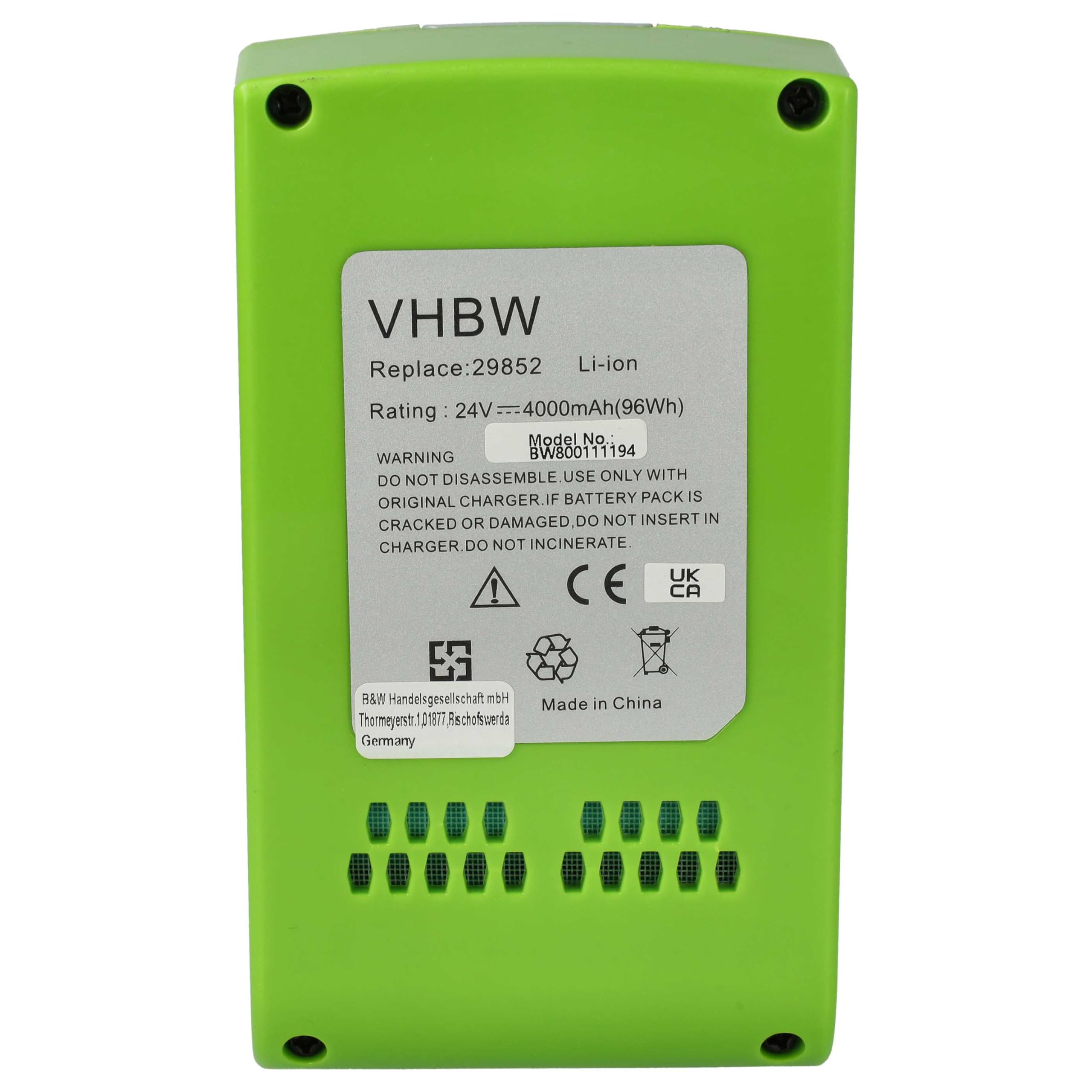 vhbw Batería Compatible con Stiga SAB 24 Ae, SC 24 Ae, SGT 24 Ae, SHT 24 Ae, SMT 24 Ae Herramienta (4000 mAh, Li-Ion, 24 V)