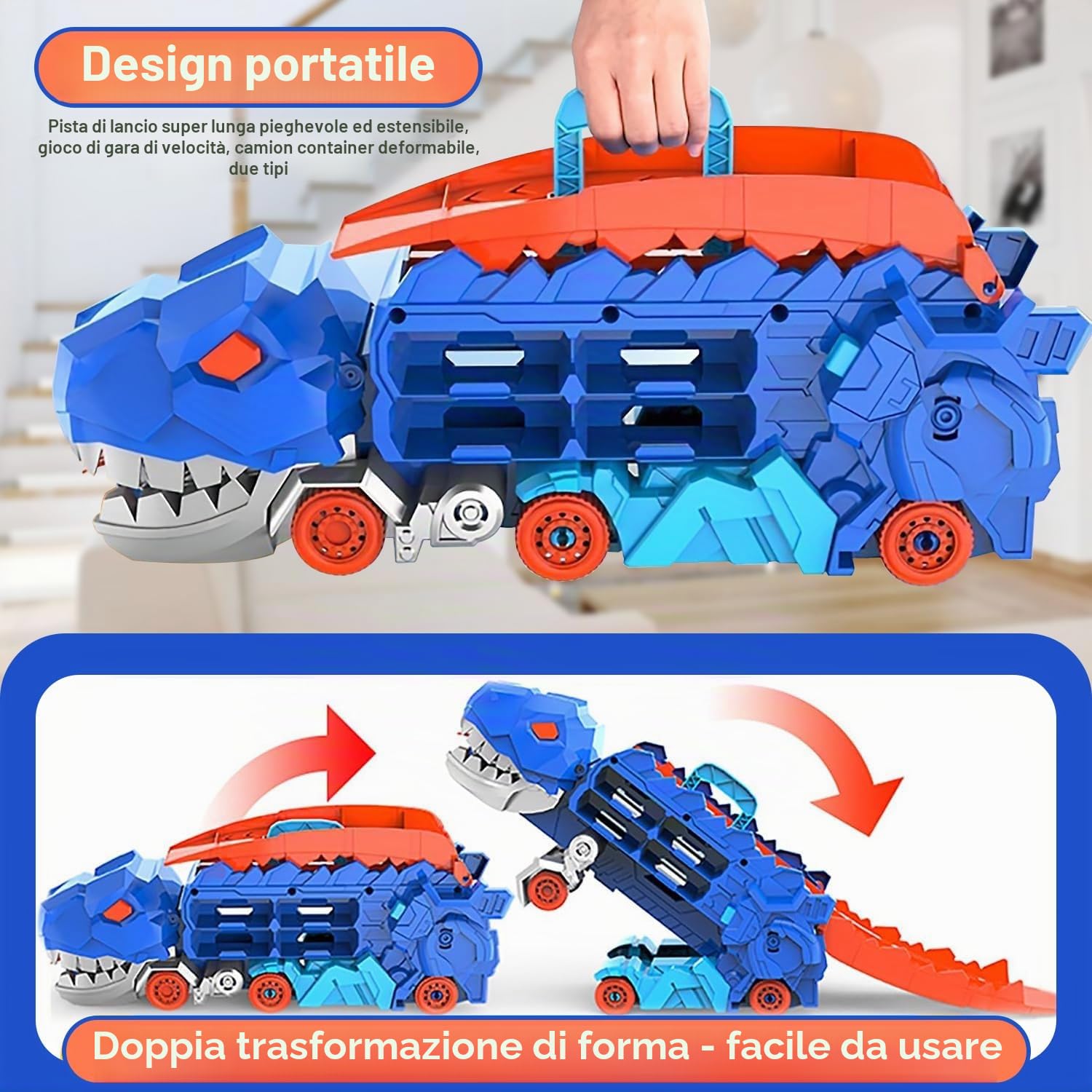 Esteopt Camion Trasporto Giocattolo Auto per Ragazzi Età 3 4 5 6 7, Camion Pista da Corsa Dinosauri Portatile con Set di 12 Dinosauri in Scatola Regalo (Blu)