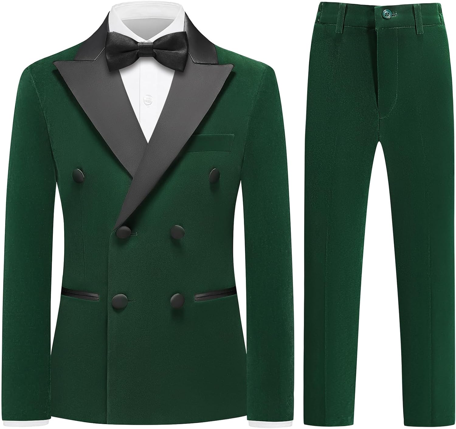 KUDMOL Boys Velvet Suit Slim Fit 4 Piece Double Breasted Kid Tuxedo Sets Wedding Outfits with Jacket Shirt Pants Bow Tie