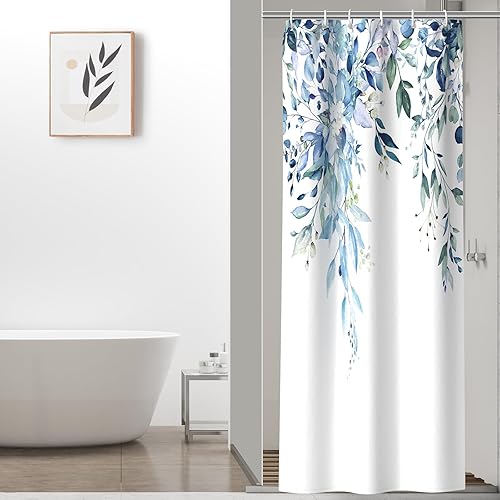 Colorful Star Juego de cortina de ducha impermeable de eucalipto azul con ganchos, decoración de baño minimalista con estampado floral de acuarela,