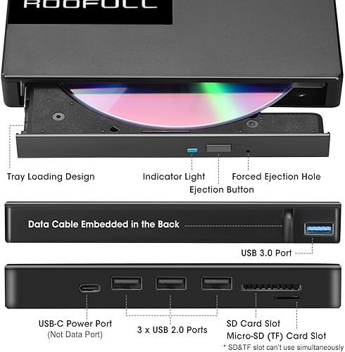 Miniatura 3 de ROOFULL Unidad externa de CD/DVD con 4* puertos USB y 2* ranura para tarjeta SD/TF para portátil, lector/grabador/reproductor de CD-R/RW/ROM USB 3.0