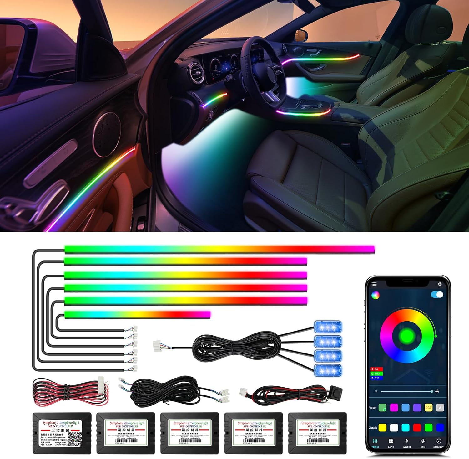 Acrylic Interior Car LED Strip Light RGB Dreamcolor 10 in1 with Wireless APP, 175 inches 593 LED 16 Million Color Fiber Optic Automotive Ambient Light Kits Music Sync Sound Activated Car Neon Lights