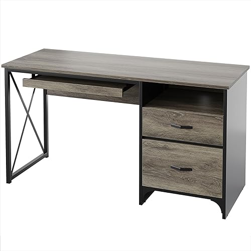 Miniatura 8 de Bestier Escritorio de oficina con cajones, escritorio industrial para computadora de 55 pulgadas con almacenamiento, escritorio de madera para