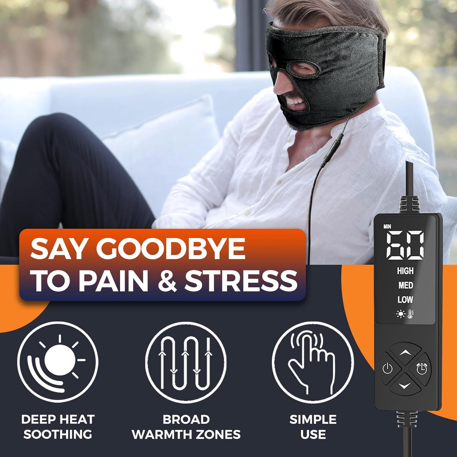 EX-Large Heated Face Mask with Eye Cutouts for Sinusitis, TMJ, Tension Headaches with 3 Heat & 5 Timer Settings, Electric Heating Pad for Face Full Coverage Moist Heat Therapy