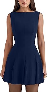 Women's Summer Sleeveless Boat Neck A-line Flared Hem Club Party Mini Dress