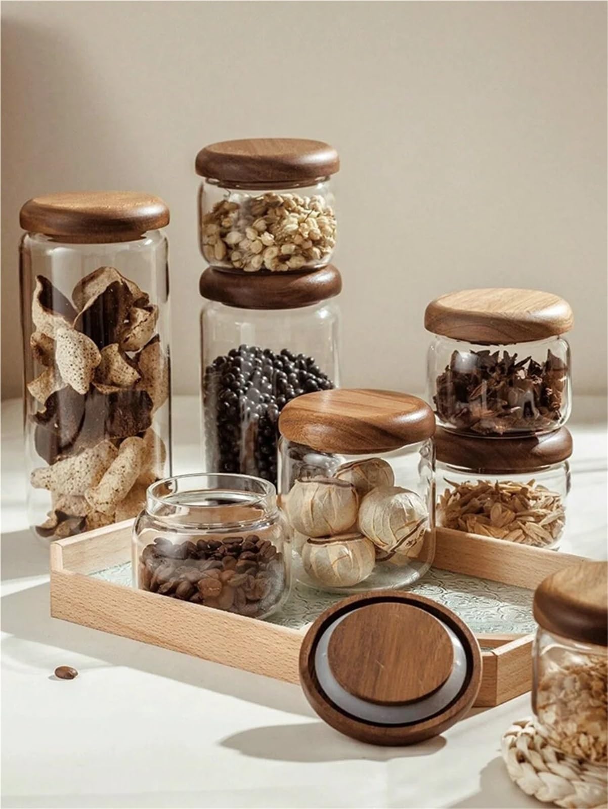 Tarro de almacenamiento transparente, Tarro de almacenamiento transparente con tapa madera, tapón hermético y pomo redondo, ideal for guardar especias (1 unidad)(S 220ml)
