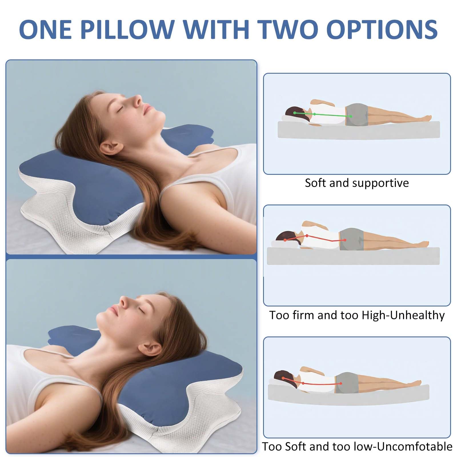 Poduszka ortopedyczna, 2 w 1, poduszka podpierająca kark i ramiona, łagodzi ból, ergonomiczna poduszka pod głowę do spania na boku, brzuchu i plecach (niebieska)