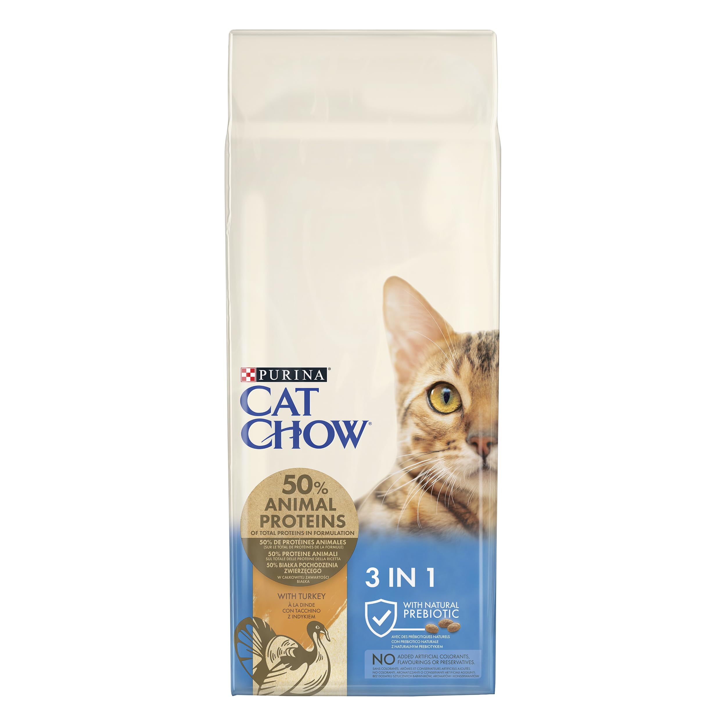 Purina Cat Chow Pienso para Gato Adulto 3en1 Cuidado Urinario, Bolas de Pelo, Dental con Buey, saco de 15kg